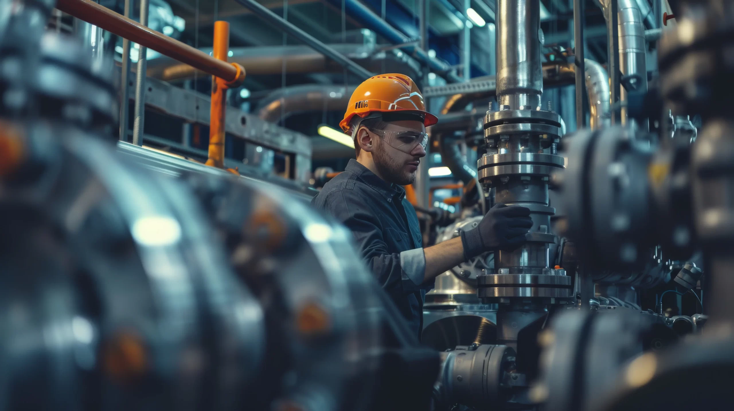 Engenheiro manuseando sistemas internos de uma operação, simbolizando o uso da válvula de bloqueio pneumática.