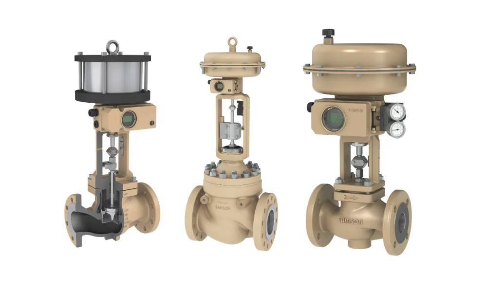 Imagem de válvula globo de cor bege.