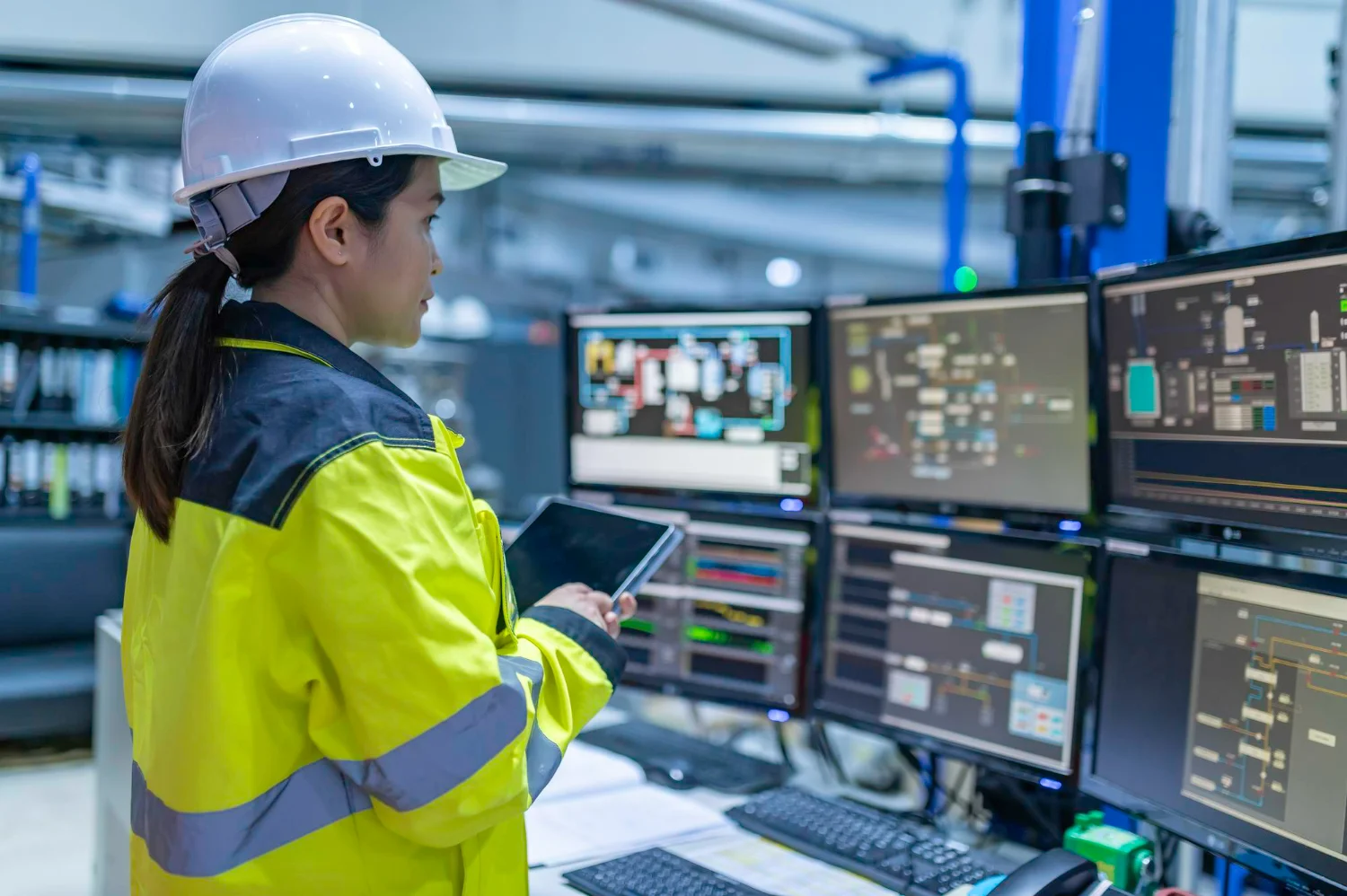 Engenheira acompanha monitores em tempo real, ilustrando o conceito de monitoramento de manutenção preditiva no ambiente industrial.