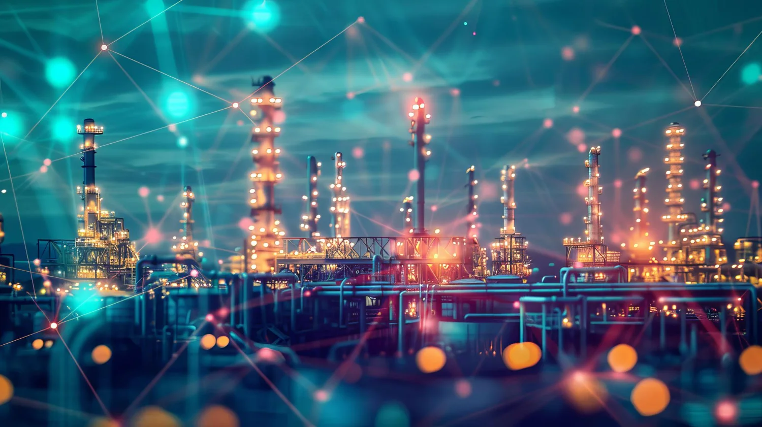 Imagens de luzes brilhando em planta fabril sob céu escuro, simbolizando a eficiência energética na indústria.