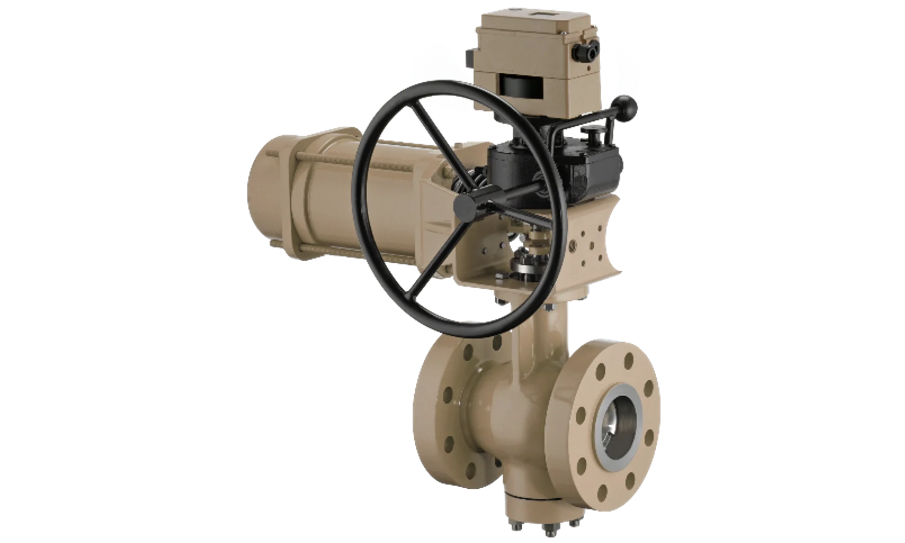 Imagem de uma válvula de controle de plug rotativo da SAMSON, na cor bege.