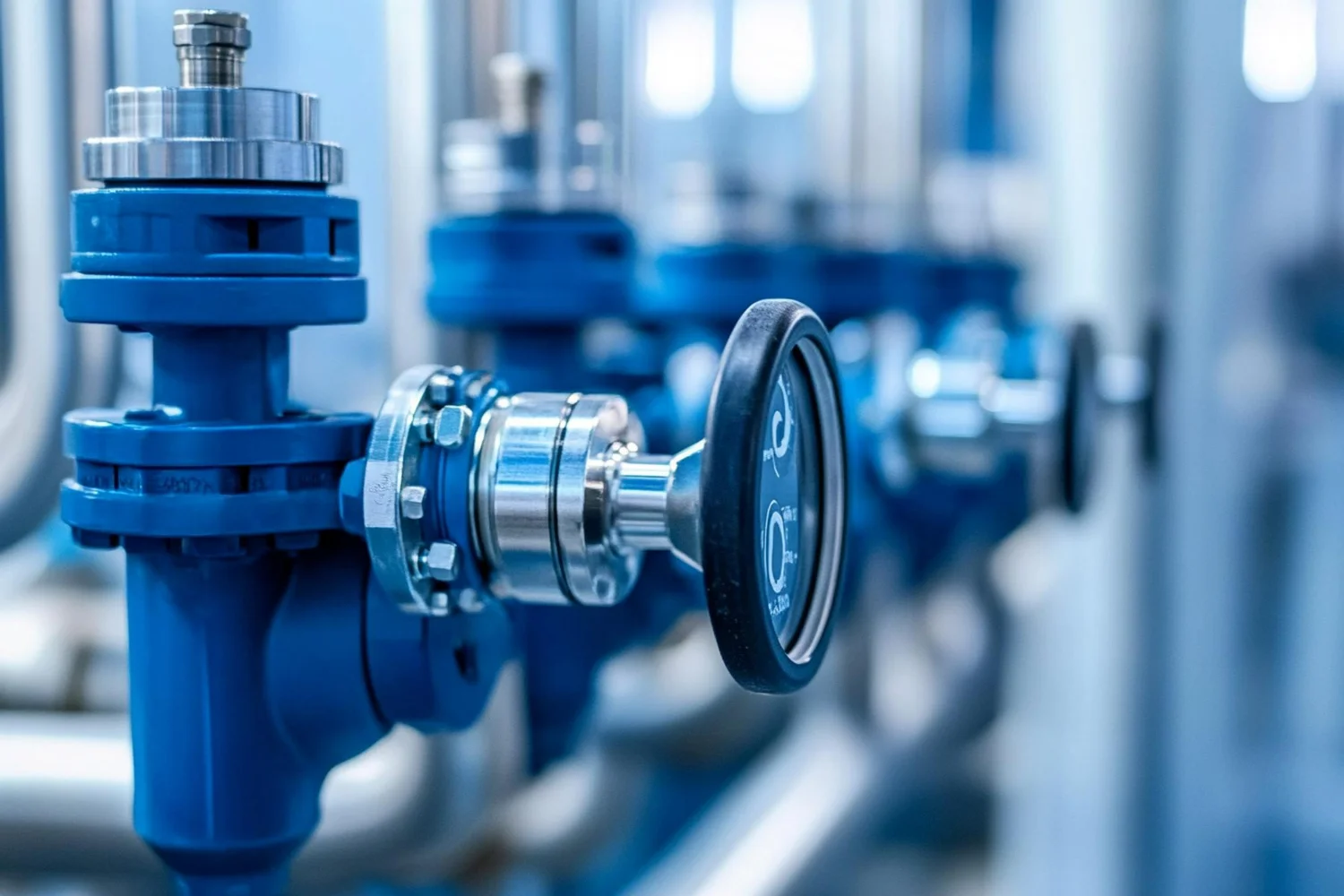 Imagem ilustrativa de válvulas de controle em uma planta para regulação do fluxo industrial.