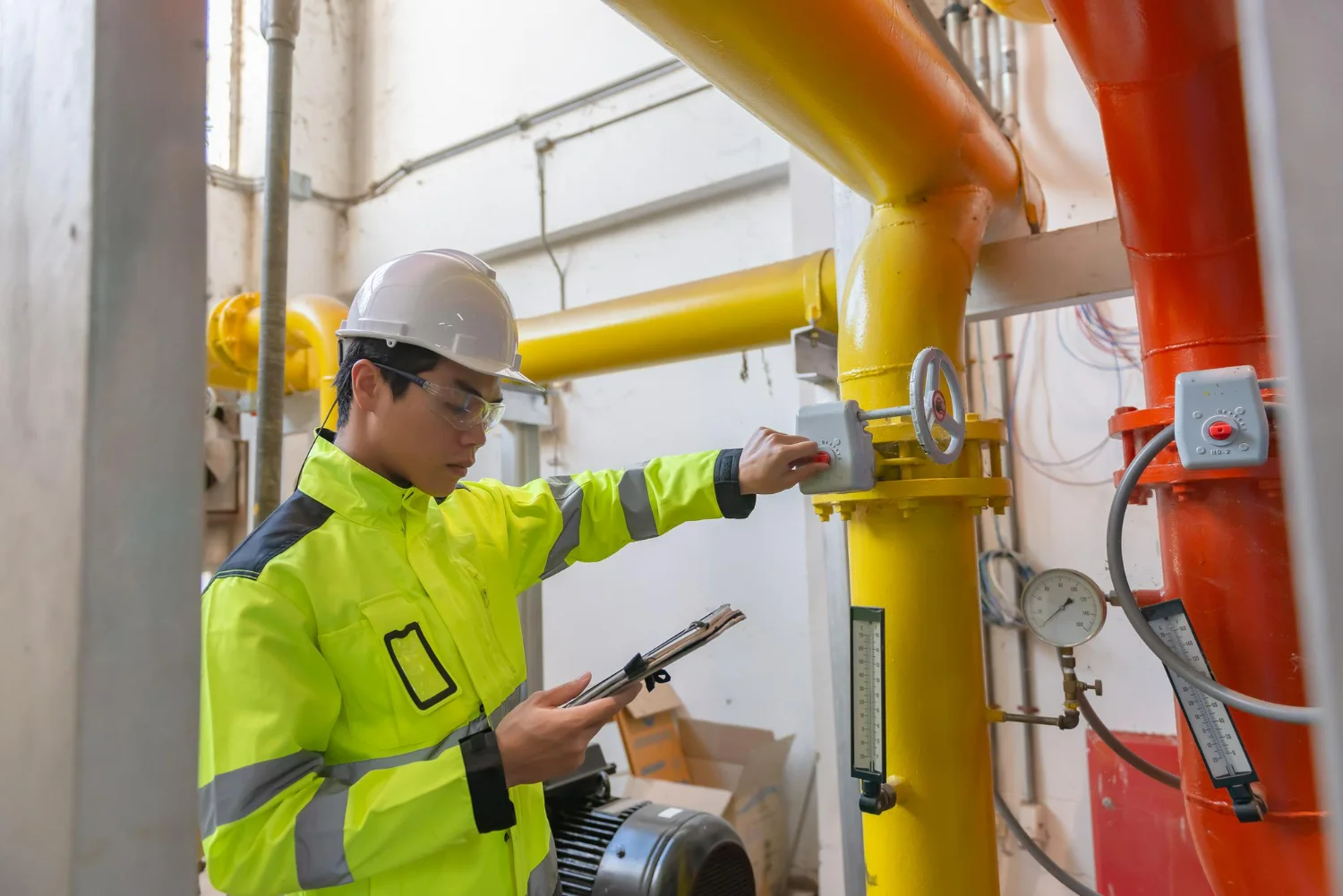 Engenheiro verifica dados técnicos em sala de caldeiras para detectar e conter vazamentos industriais