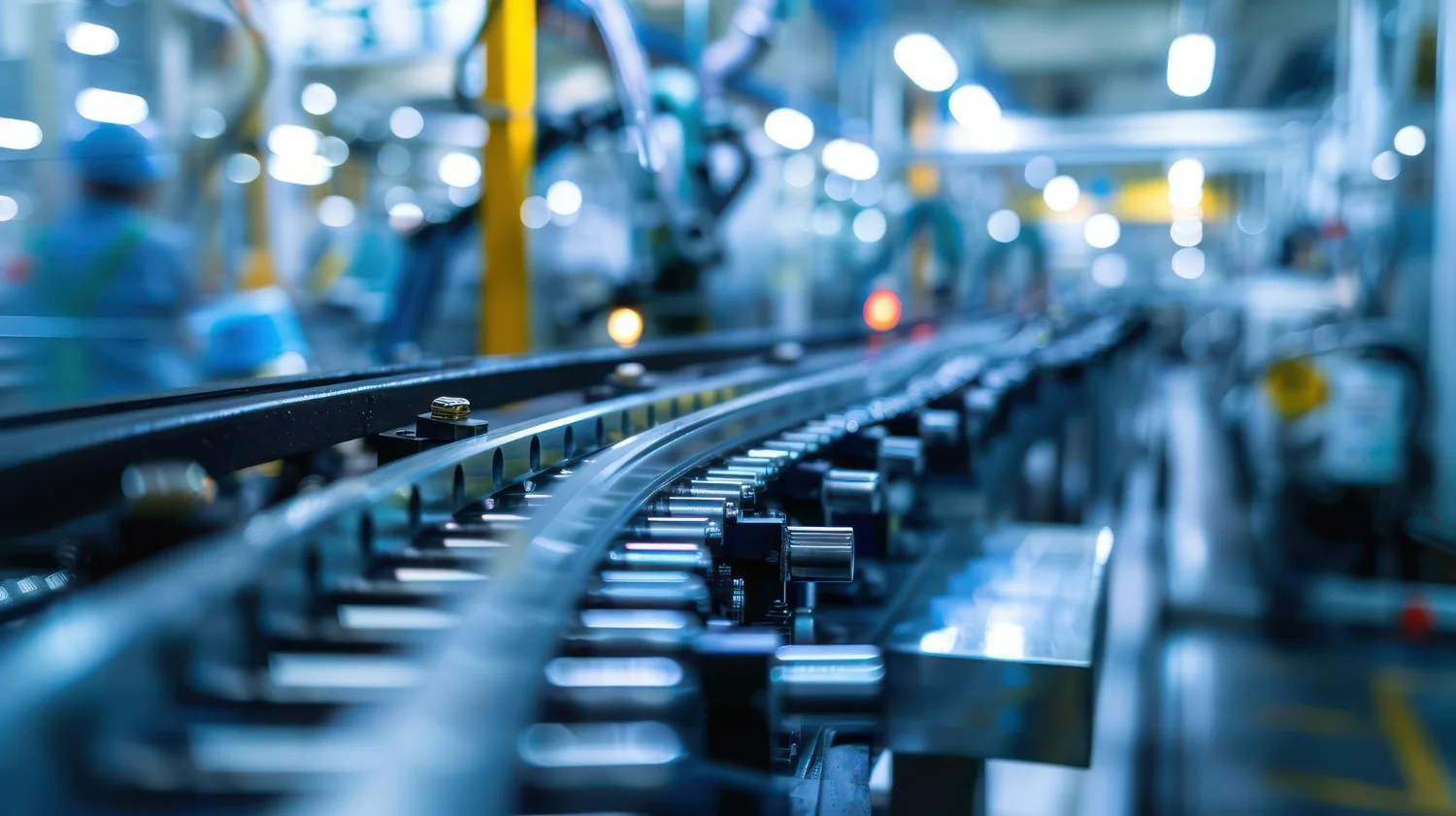 Imagem de uma linha de operação industrial, ilustrando a importância da gestão da qualidade total.